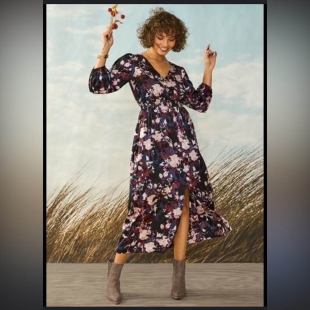 Studio 1886 Satin Jewel Tones Floral Print Long Sleeve Smocked Waist Maxi Dress